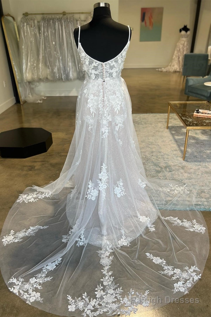 Ivory Floral Lace Spaghetti Strap Long Bridal Gowns Wedding Dress Secondary image