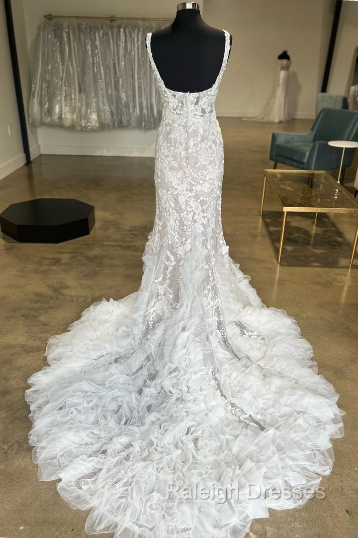 Ivory Floral Lace Square Neck Ruffles Long Wedding Gowns Beautiful Secondary image