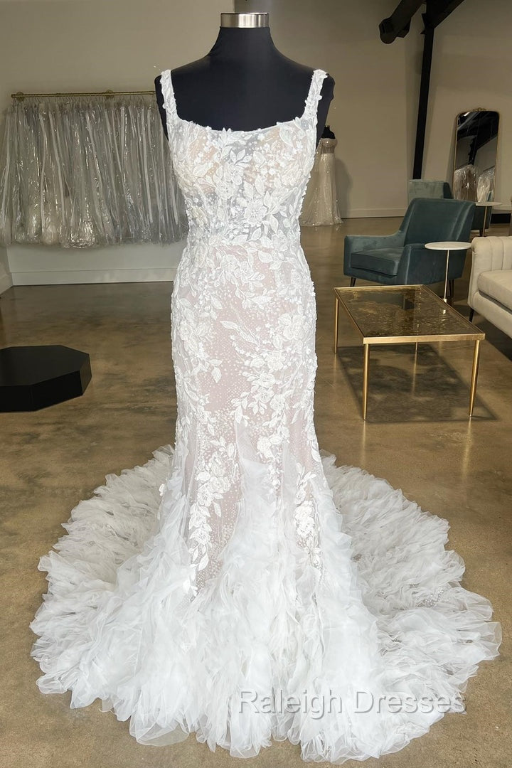 Ivory Floral Lace Square Neck Ruffles Long Wedding Gowns Beautiful