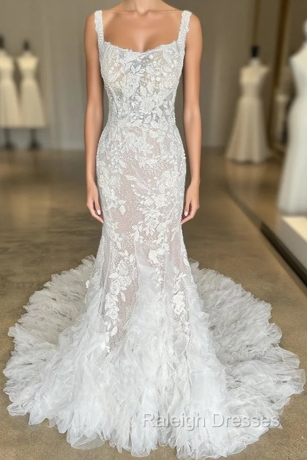 Ivory Floral Lace Square Neck Ruffles Long Wedding Gowns Beautiful