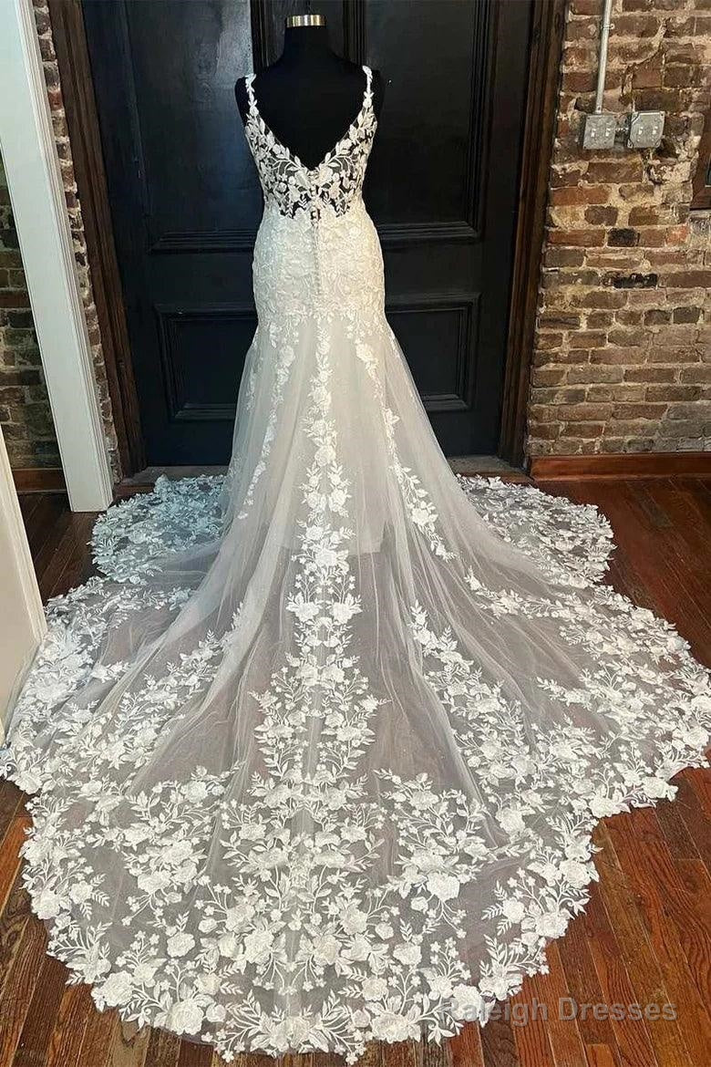 Ivory Floral Lace V-Neck Mermaid Long Wedding Dress Bridal Gown