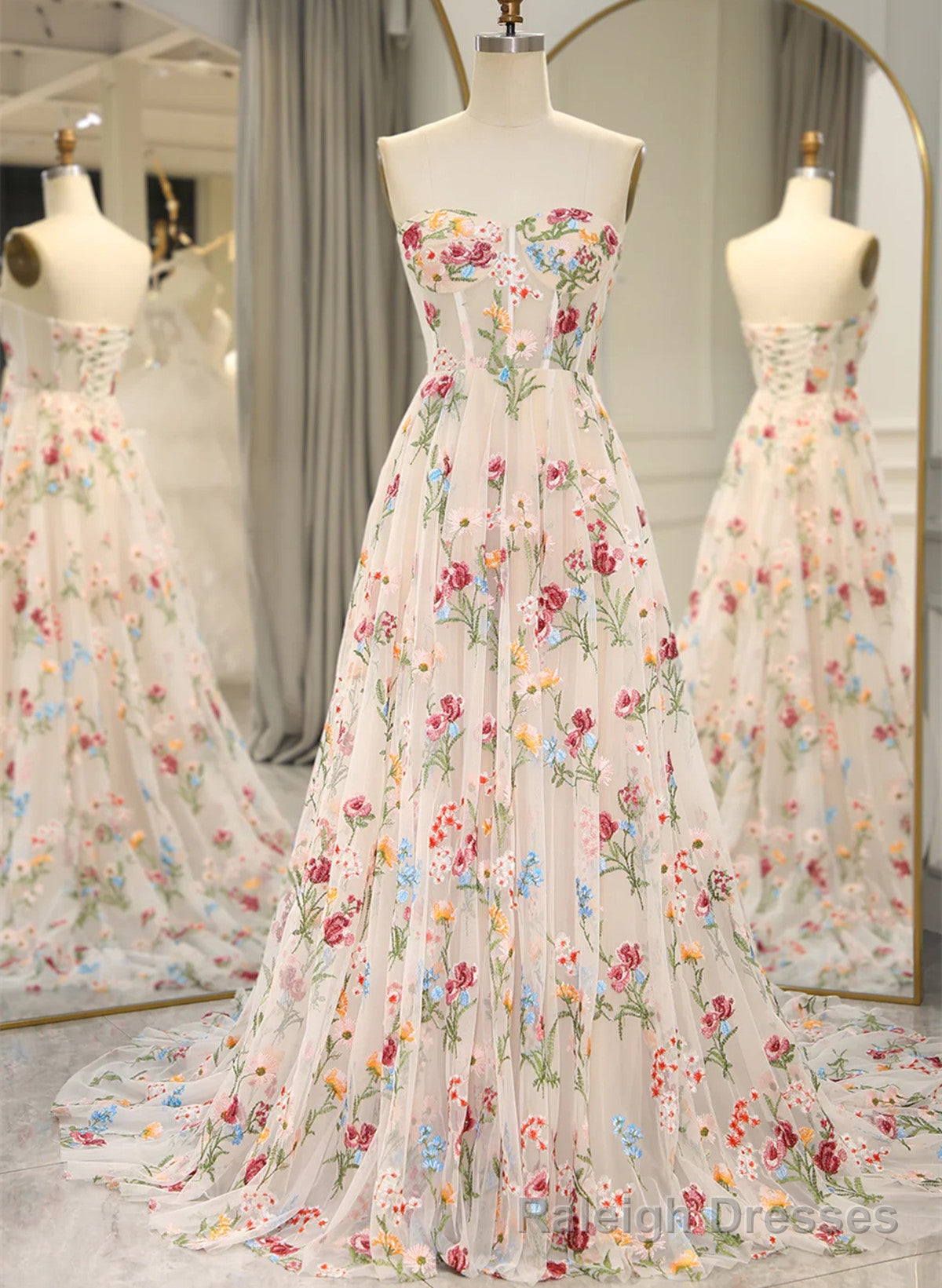 Ivory Floral Tulle Sweetheart Strapless Long Formal Dress, Tulle A-line Prom Dress Main image