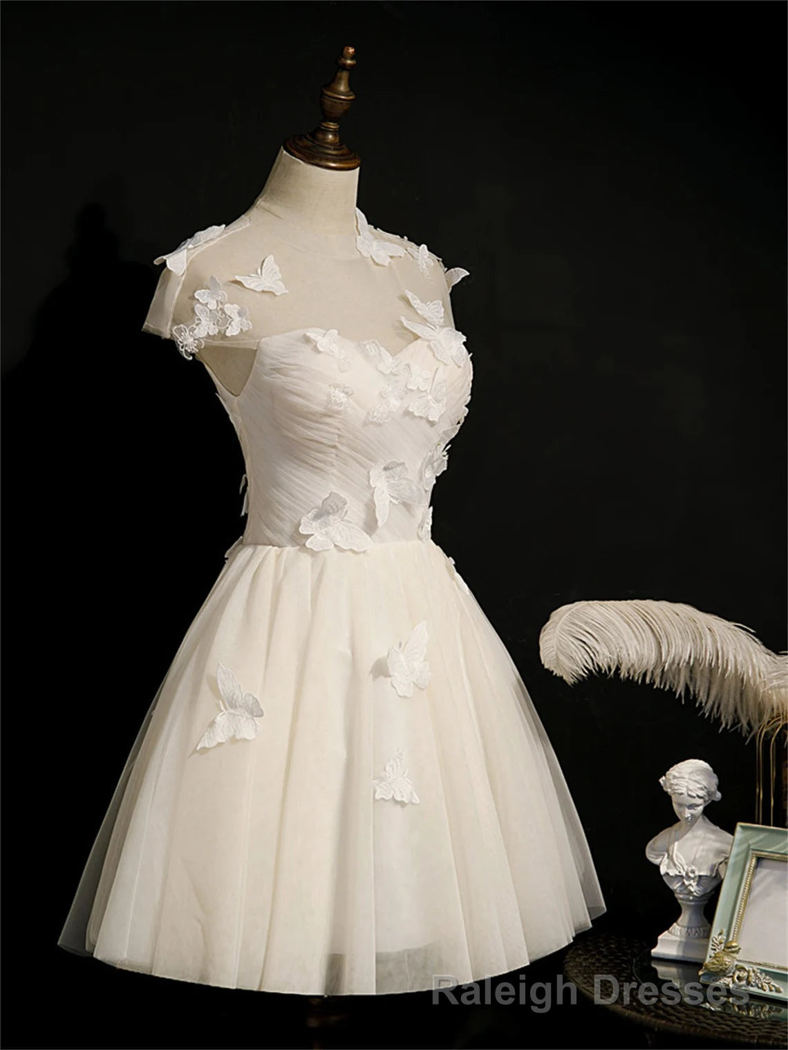 Ivory Homecoming Dress With Cap Sleeves, Butterfly Appliques Short Prom Dress Main image