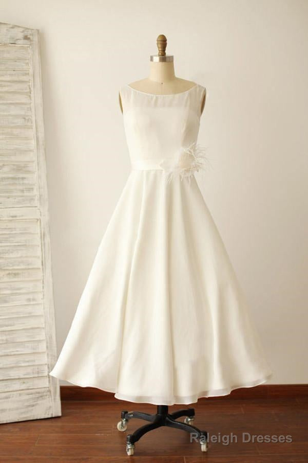 Ivory Illusion Boat Neck Tea Length Sleeveless Wedding Dresses