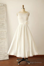 Ivory Illusion Boat Neck Tea Length Sleeveless Wedding Dress