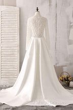 Ivory Lace And Satin V-Neck Long Sleeve Beaded Wedding Dress