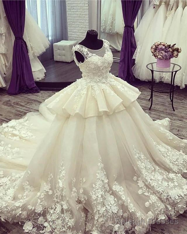 Ivory Lace Flowers Beaded Scoop Neckline Ball Gowns Wedding Dresses Main image