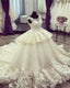 Ivory Lace Flowers Beaded Scoop Neckline Ball Gowns Wedding Dresses