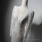 Ivory Lace Mermaid Long Sleeves Formal Dress, Lace Wedding Party Dress