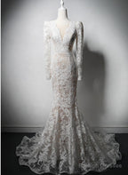 Ivory Lace Mermaid Long Sleeves Formal Dress, Lace Wedding Party Dress