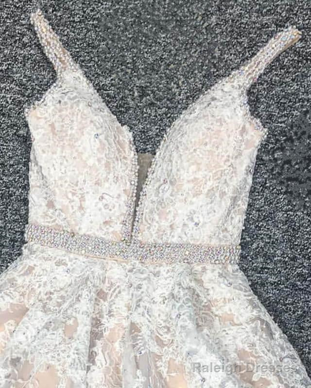 Ivory Lace Plunging V-Neck Homecoming Dress