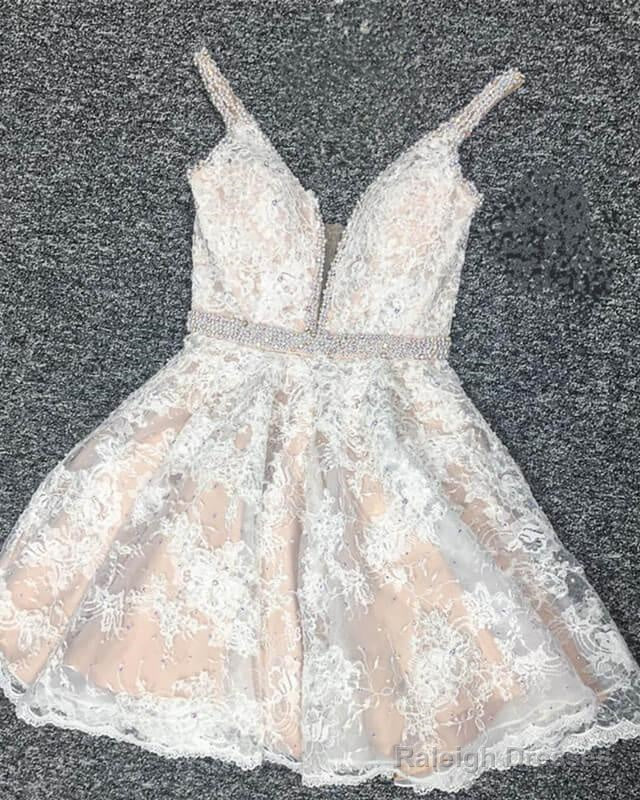 Ivory Lace Plunging V-Neck Homecoming Dresses