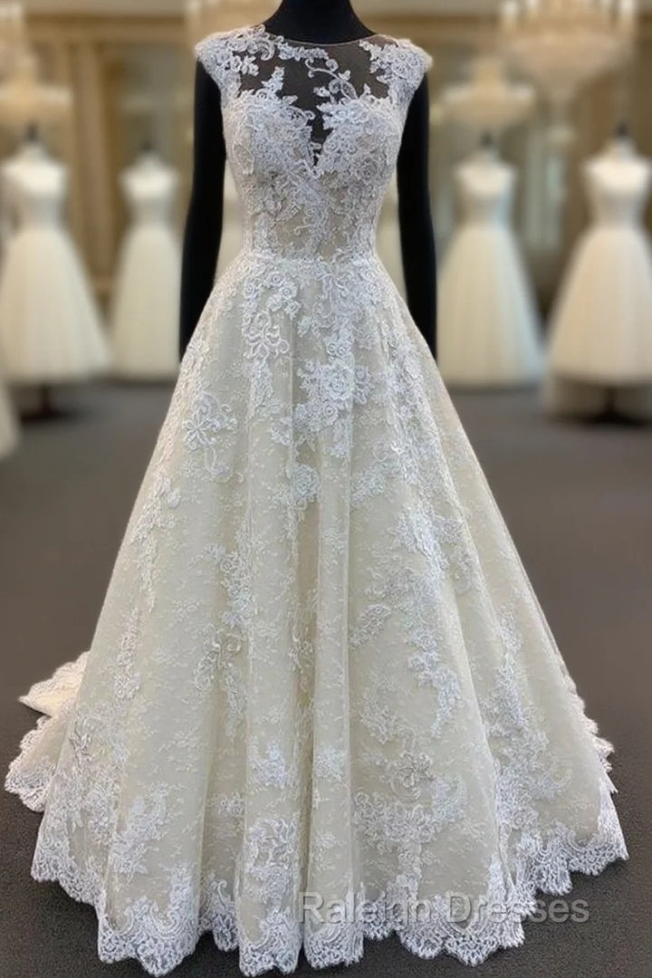 Ivory Lace Round Neck Cap Sleeve Sweep Train Custom Size Wedding Dresses Prom Dresses