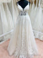Ivory Lace Tulle V-Neck Backless Floor-Length Spaghetti Straps A-Line Wedding Dresses Prom Dress