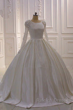 Ivory Long Sleevess Jewel Ruffless Flowers Bedaings Wedding Dresses