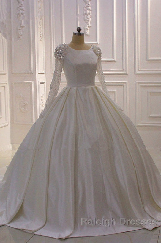 Ivory Long Sleevess Jewel Ruffless Flowers Bedaings Wedding Dresses