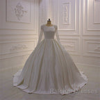 Ivory Long Sleevess Jewel Ruffless Flowers Bedaings Wedding dress