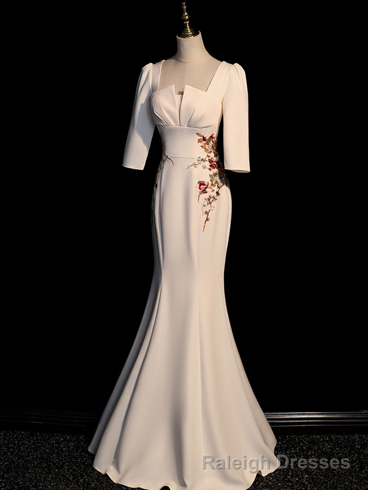 Ivory Mermaid Short Sleeves Wedding Prom Dress, Ivory Long Prom Dress