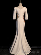 Ivory Mermaid Short Sleeves Wedding Prom Dress, Ivory Long Prom Dress