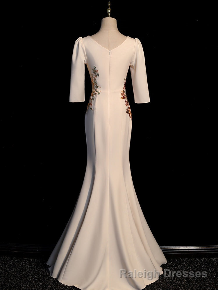 Ivory Mermaid Short Sleeves Wedding Prom Dress, Ivory Long Prom Dress