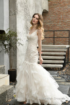 Ivory Mermaid Tulle Lace Appliques V-neck Wedding Dresses with Cascading Ruffles