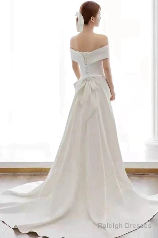 Ivory Off The Shoulder Satin Wedding Dresses With Slit Secondary image