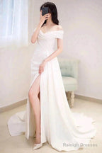 Ivory Off The Shoulder Satin Wedding Dresses With Slit
