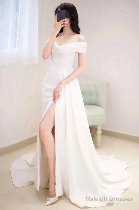 Ivory Off The Shoulder Satin Wedding Dresses With Slit