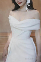Ivory Off The Shoulder Satin Wedding Dress With Slit