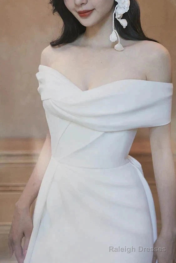 Ivory Off The Shoulder Satin Wedding Dress With Slit