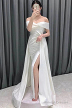 Ivory Off The Shoulder Satin Wedding Dress With Slit