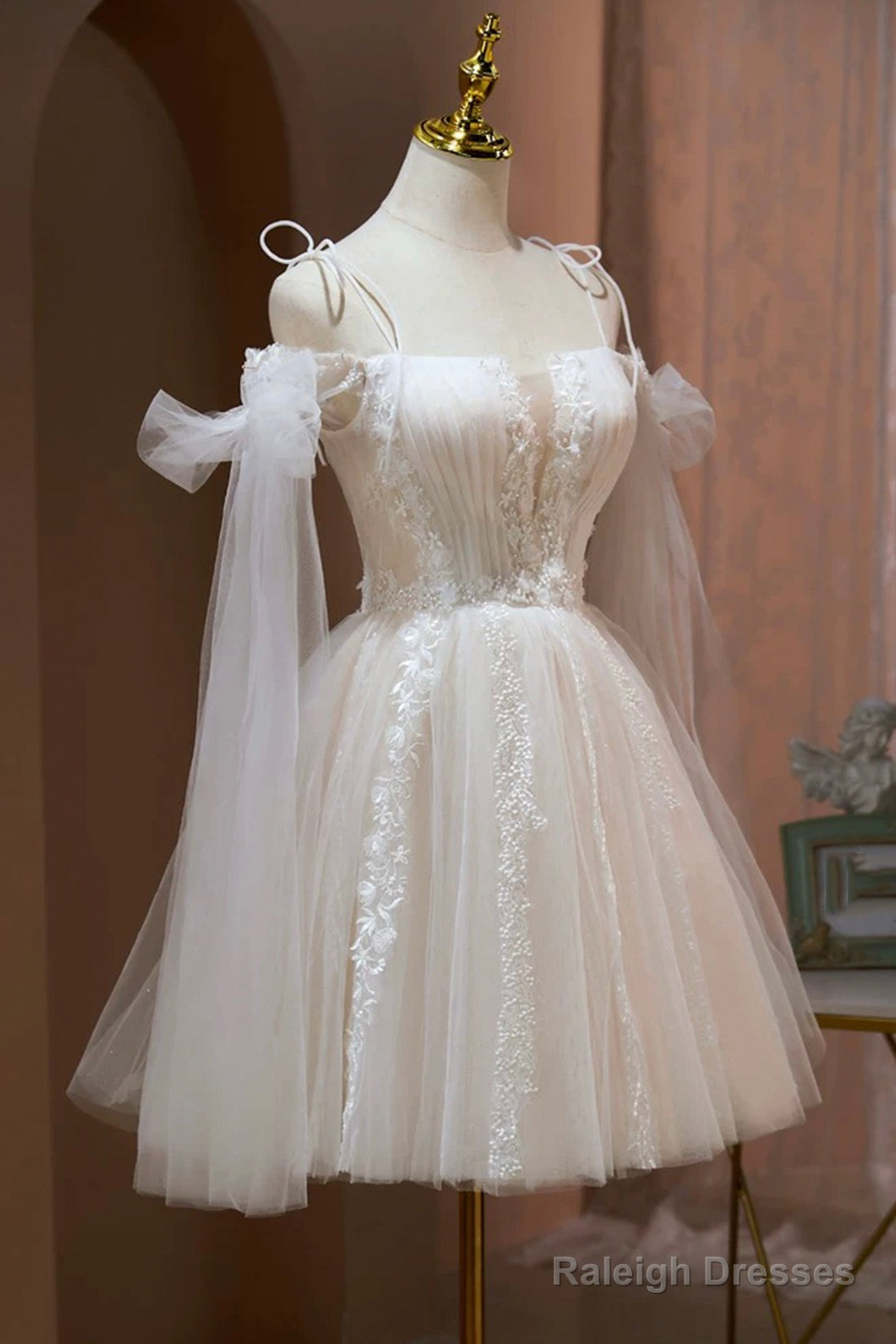 Ivory Off-The-Shoulder Spaghetti Strap Lace Knee Length Prom Dress