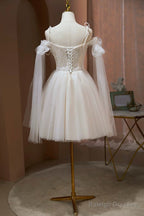 Ivory Off-The-Shoulder Spaghetti Strap Lace Knee Length Prom Dress