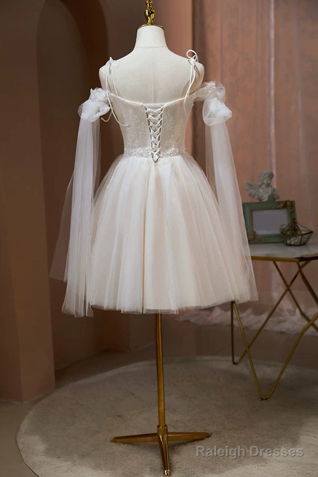 Ivory Off-The-Shoulder Spaghetti Strap Lace Knee Length Prom Dress