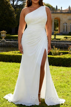 Ivory One Shoulder Long Sheath Beach Engagement Dress with Slit