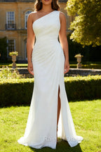 Ivory One Shoulder Long Sheath Beach Engagement Dress with Slit