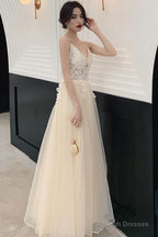 Ivory Organza Straps Lace Long A-Line Junior Prom Dress, Beautiful Long Party Dresses