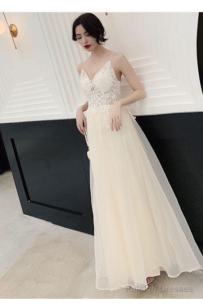 Ivory Organza Straps Lace Long A-Line Junior Prom Dresses Beautiful Long Prom Dress
