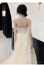 Ivory Organza Straps Lace Long A-Line Junior Prom Dress, Beautiful Long Party Dresses