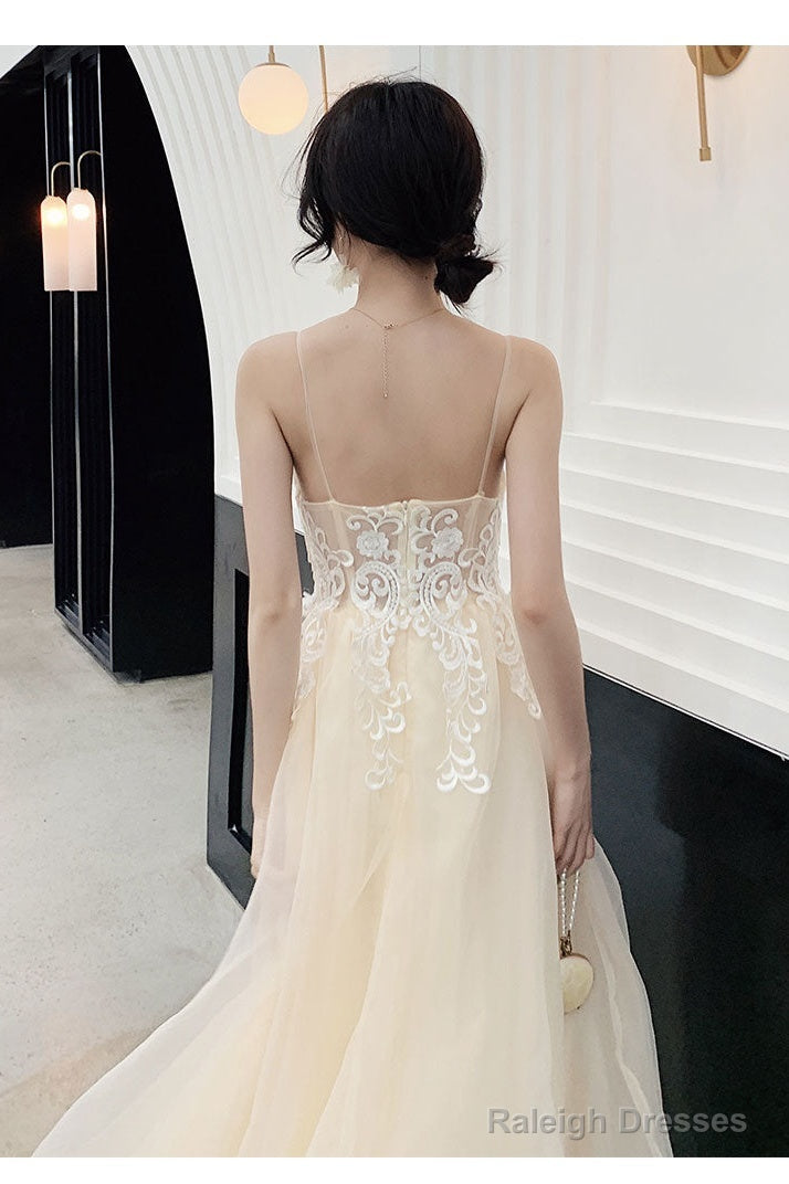 Ivory Organza Straps Lace Long A-Line Junior Prom Dresses Beautiful Long Prom Dress