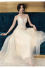 Ivory Organza Straps Lace Long A-Line Junior Prom Dress, Beautiful Long Party Dresses