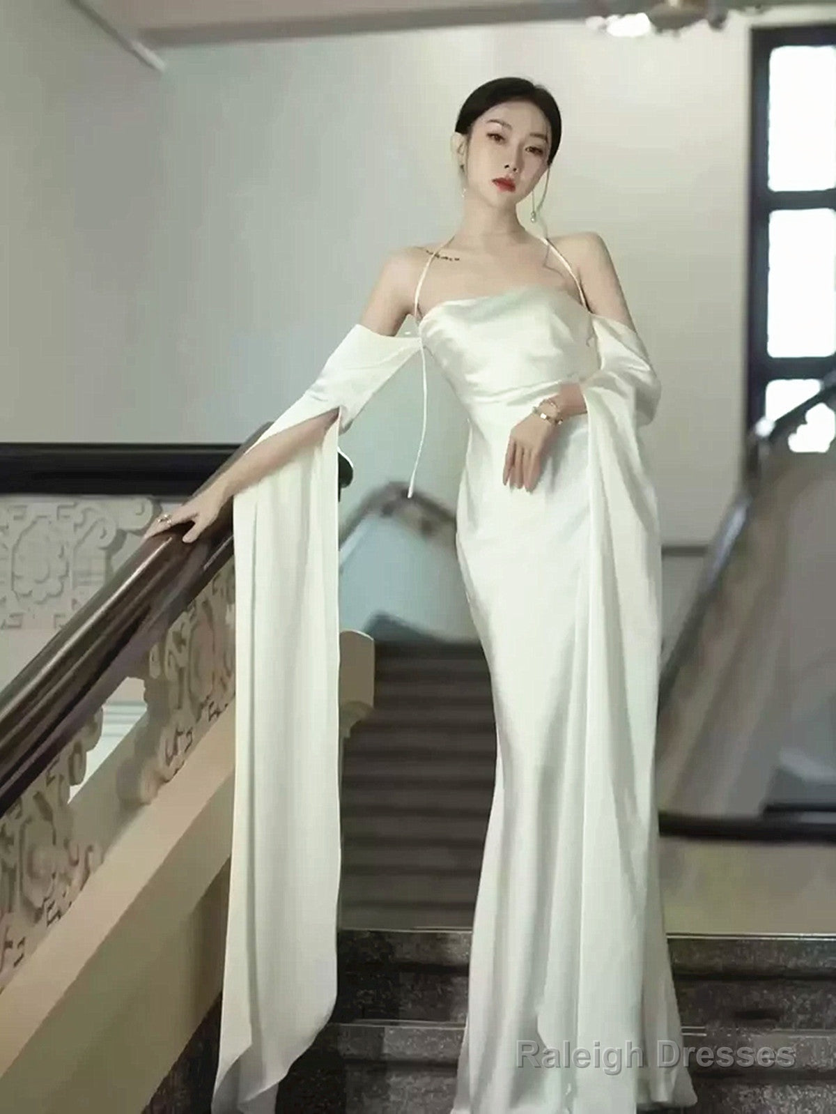 Ivory Satin Long Simple Evening Dress, Ivory Long Prom Dress Party Dress