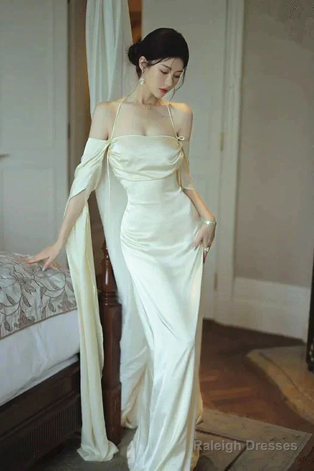 Ivory Satin Long Simple Evening Dress, Ivory Long Prom Dress Party Dress