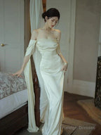 Ivory Satin Sheath Long Prom Dresses Formal Party Dresses