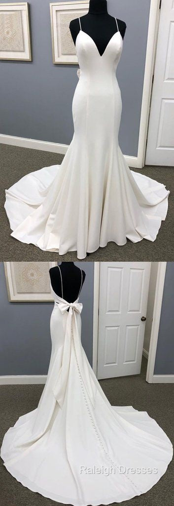 Ivory Satin Spaghetti Straps Open Back Sweet Train Wedding Dress, Formal Prom Dress
