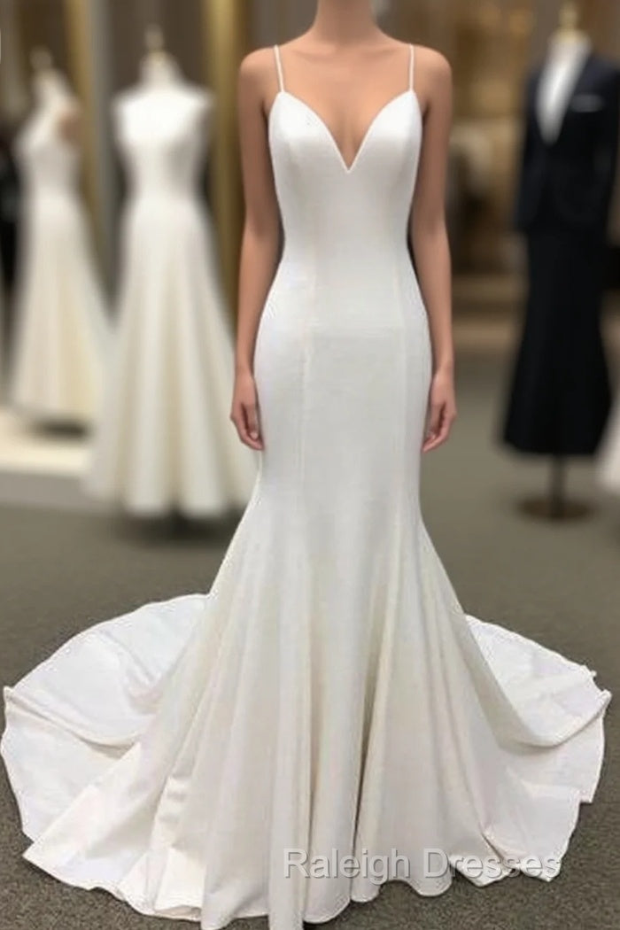 Ivory Satin Spaghetti Straps Open Back Sweet Train Wedding Dress, Formal Prom Dress