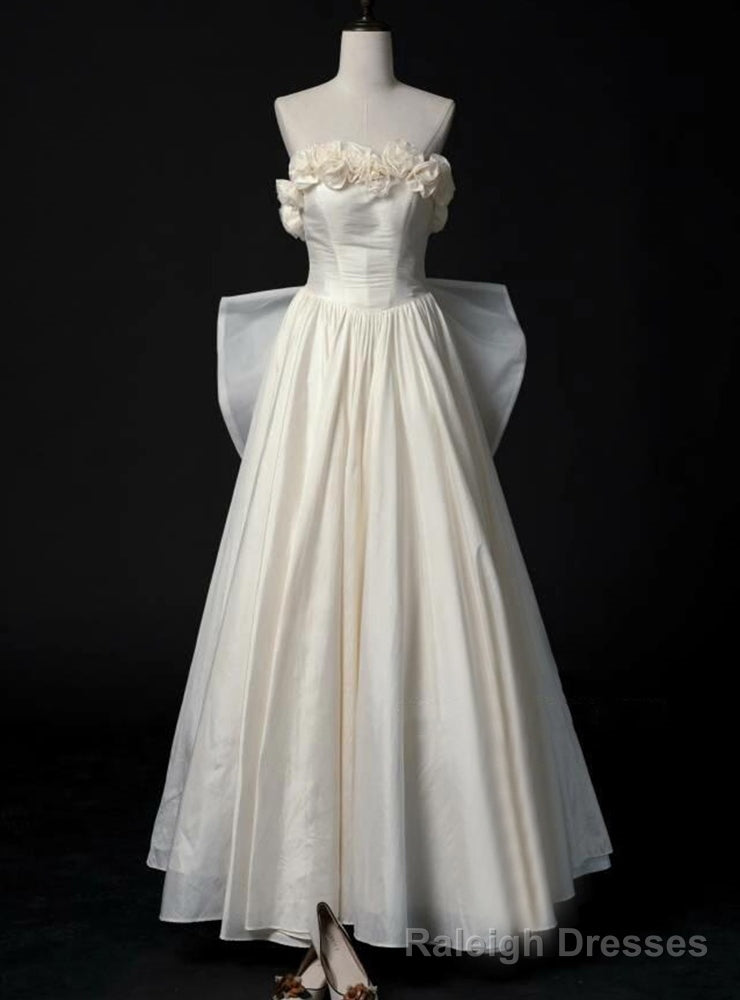 Ivory Satin Strapless Pleats Flower Wedding Dress