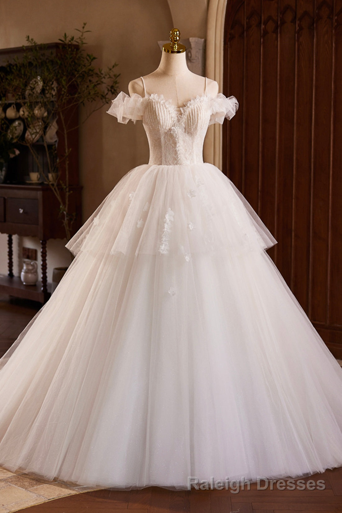 Ivory Spaghetti Strap Lace Beaded Prom Dress, Ivory Floor Length A Line Prom Dress Main image