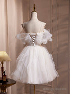 Ivory Spaghetti Strap Tulle Short Prom Dress, Lovely A-Line Evening Party Dress