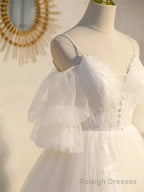 Ivory Spaghetti Strap V Neck Lace Homecoming Dress, Tulle Short Prom Dress